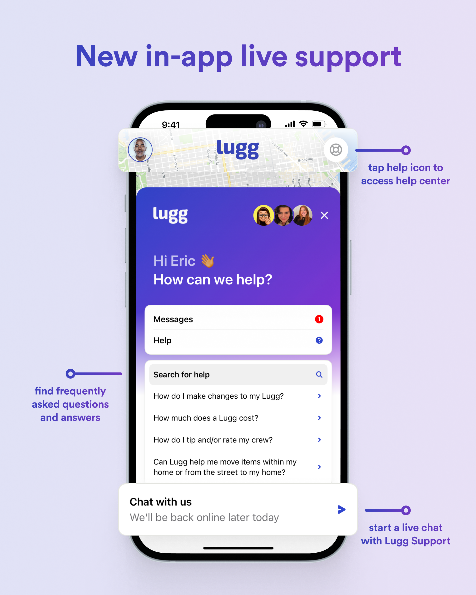 Lugg App now offers in-app live chat support.