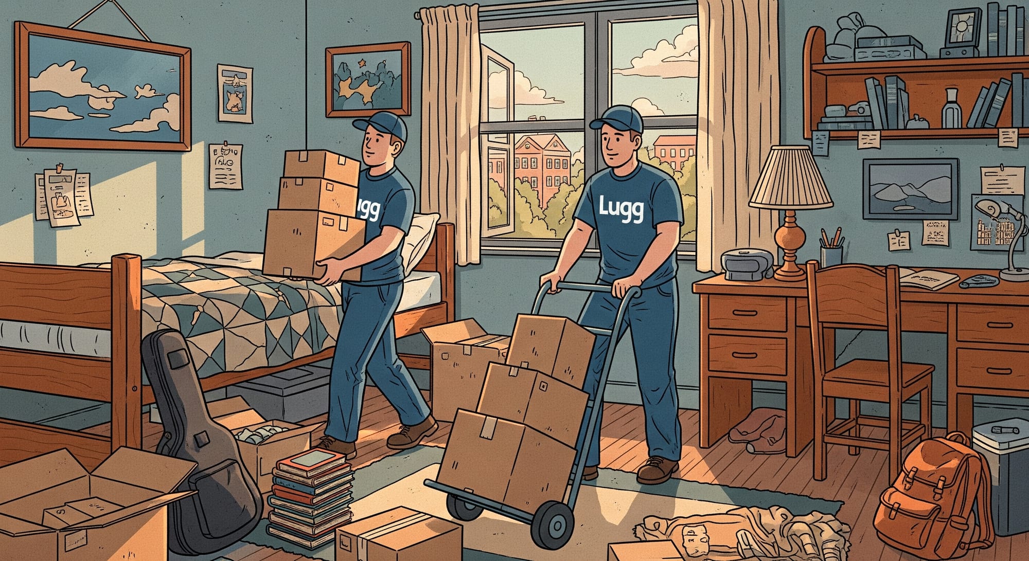 2 lugg movers carrying boxes out of bedroom