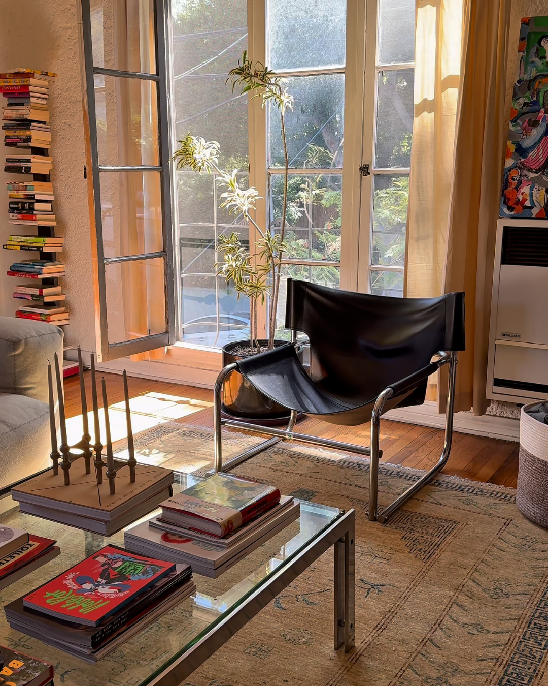 Bright, sunlit living room with minimalist furniture and organized shelves, showing how a small home can feel open and inviting.
