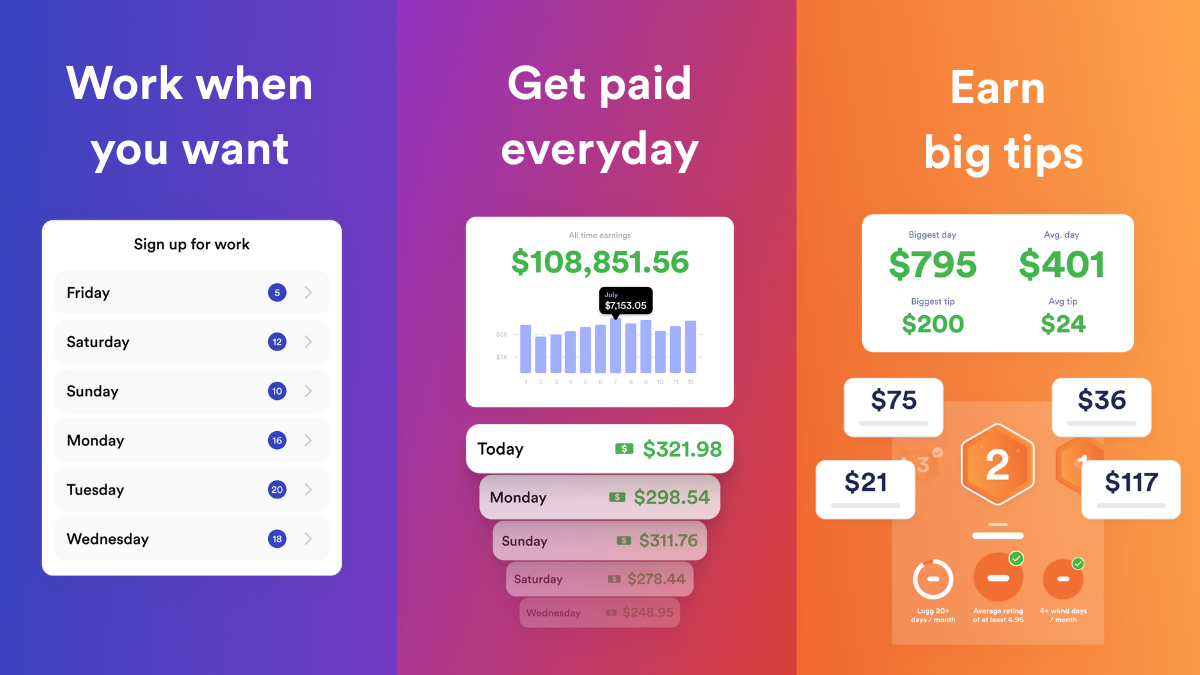 Lugger app screens showing driver earnings, schedules, payouts, and potential tips.