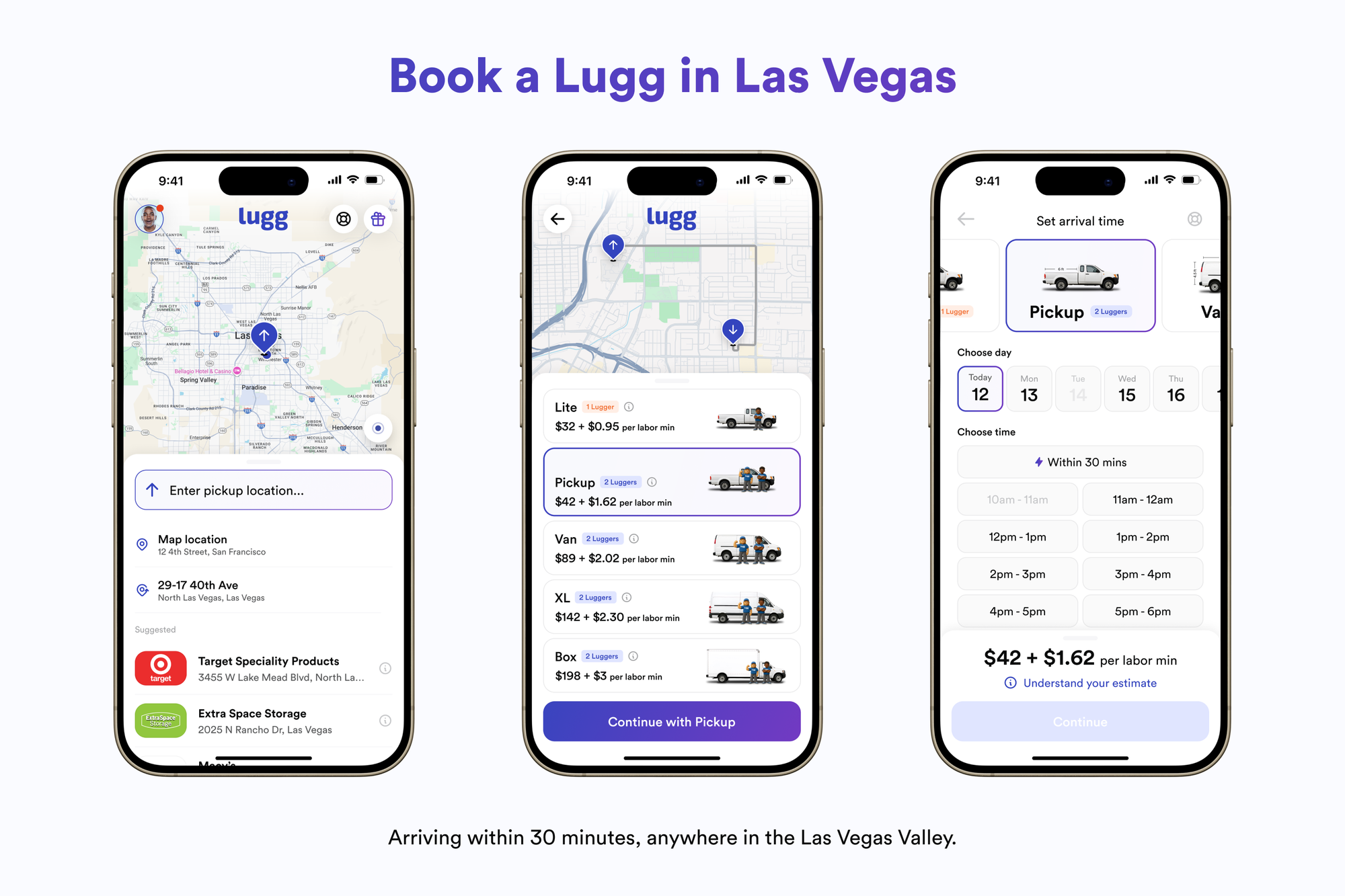 Screenshots of the Lugg app showing booking a pickup in Las Vegas, selecting vehicle sizes, and scheduling arrival times with 30-minute arrival options across the Las Vegas Valley.