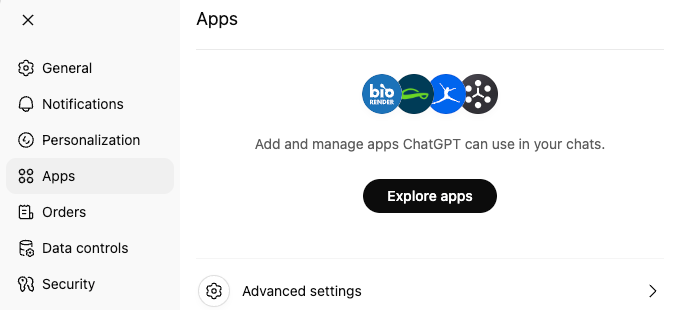 ChatGPT Settings panel with Apps selected in the left sidebar, showing Enabled apps section with Lugg app connected and an 'Add more' button in the top right