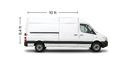 Lugg illustration showing minimum 10-foot length and 6.4-foot height cargo area requirements for sprinter vans