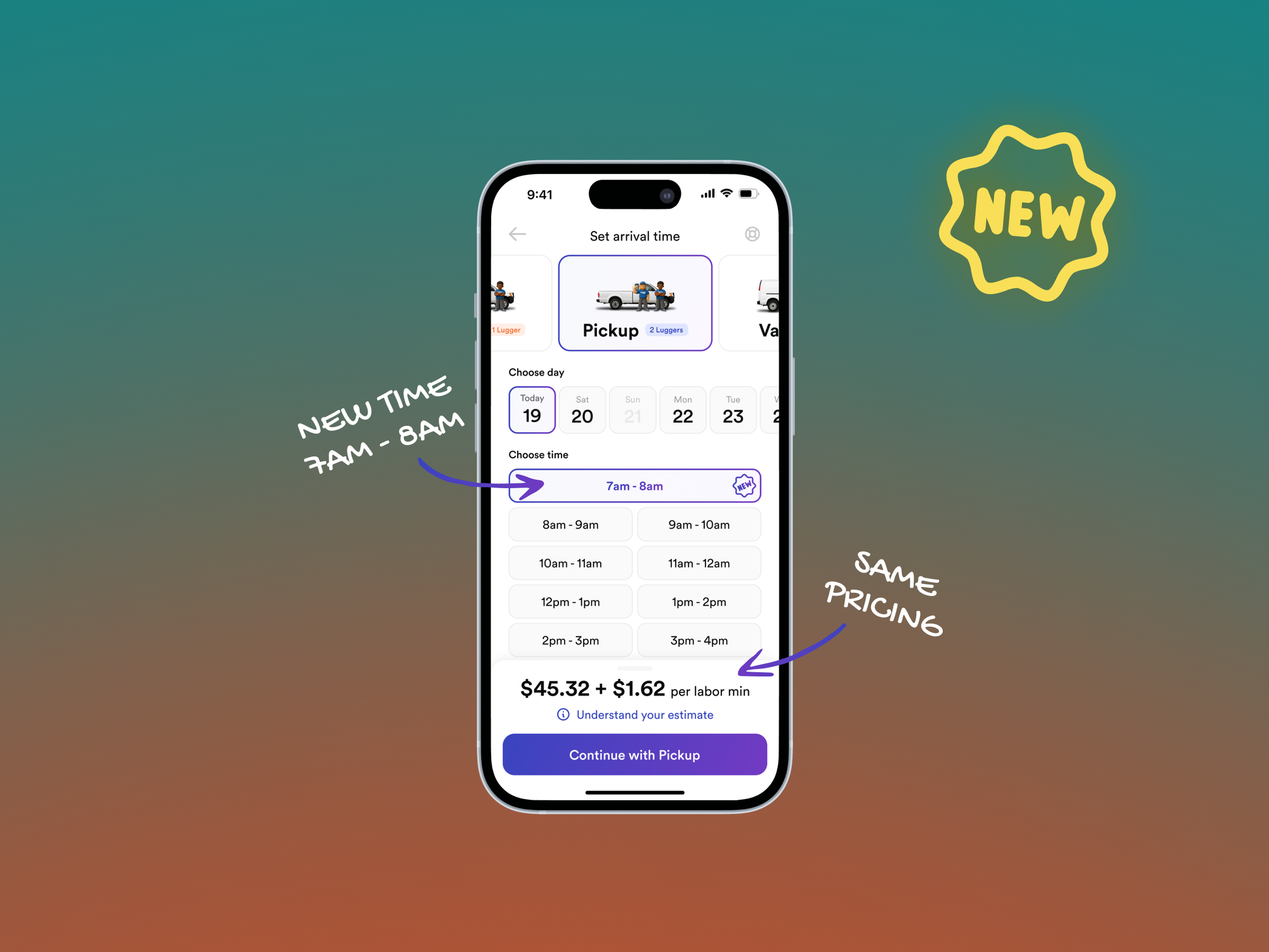 A visual of how to book a move with a 7:00–8:00am arrival window in the Lugg app.